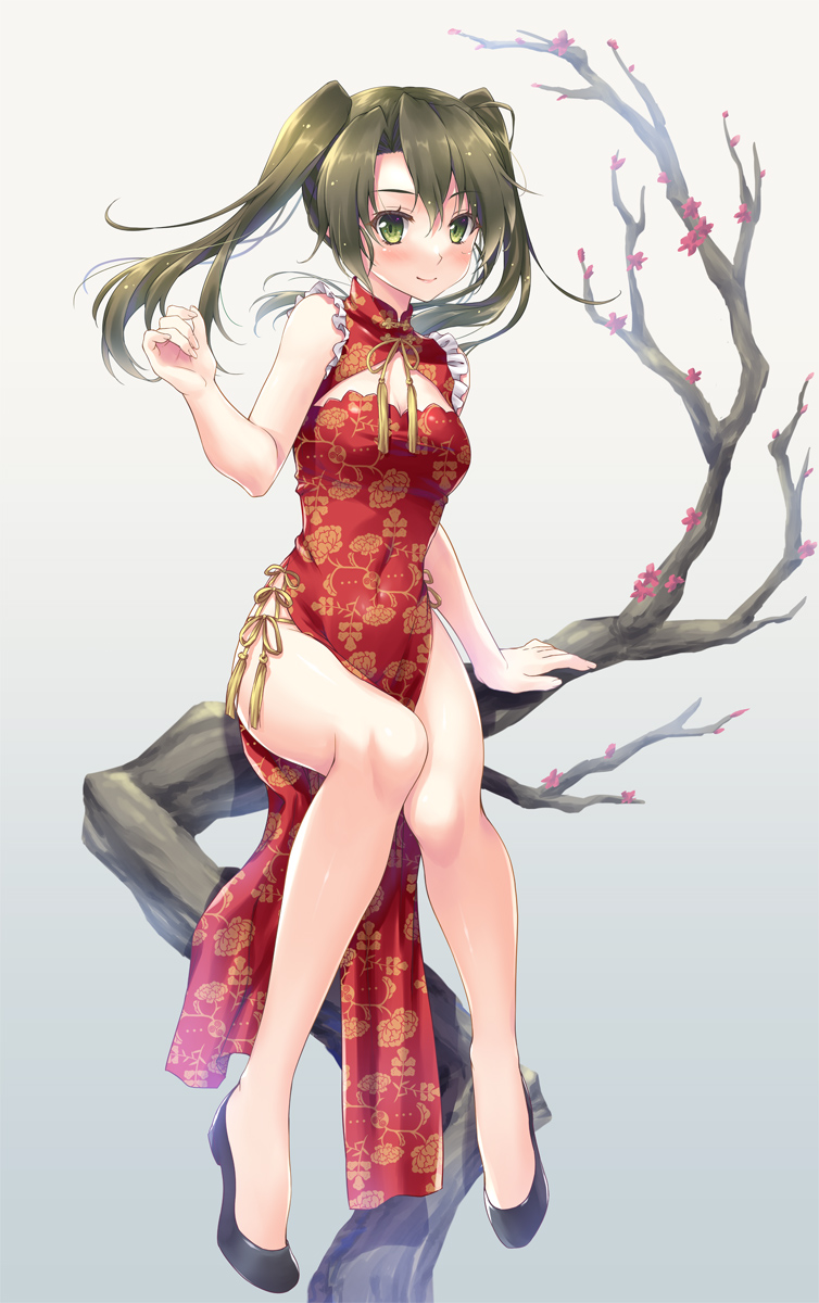 1girl alternate_costume black_footwear cleavage_cutout clothing_cutout comiket_99 commentary_request dark_green_hair dress frilled_dress frills full_body green_eyes highres kantai_collection long_hair looking_at_viewer minakami_nagara red_dress side_slit sitting solo tree twintails zuikaku_(kancolle)