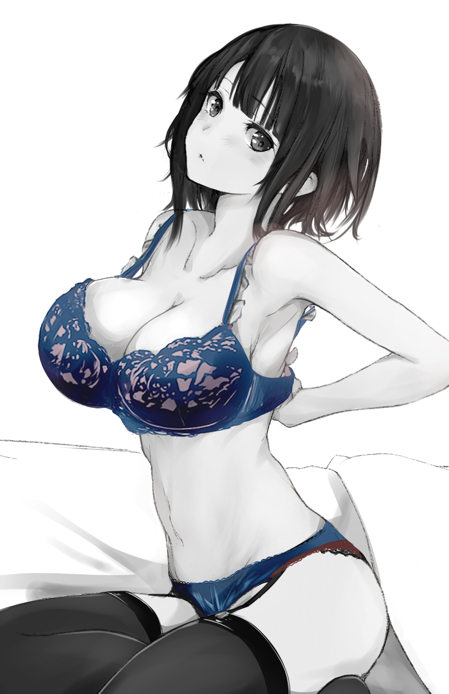 1girl bangs bare_shoulders bed_sheet black_legwear blue_bra blue_panties blush bra breasts character_name cleavage collarbone commentary_request eyebrows_visible_through_hair highres kantai_collection large_breasts long_hair looking_at_viewer monochrome navel panties rizzl short_hair signature sitting solo spot_color takao_(kancolle) thighhighs underwear underwear_only white_background