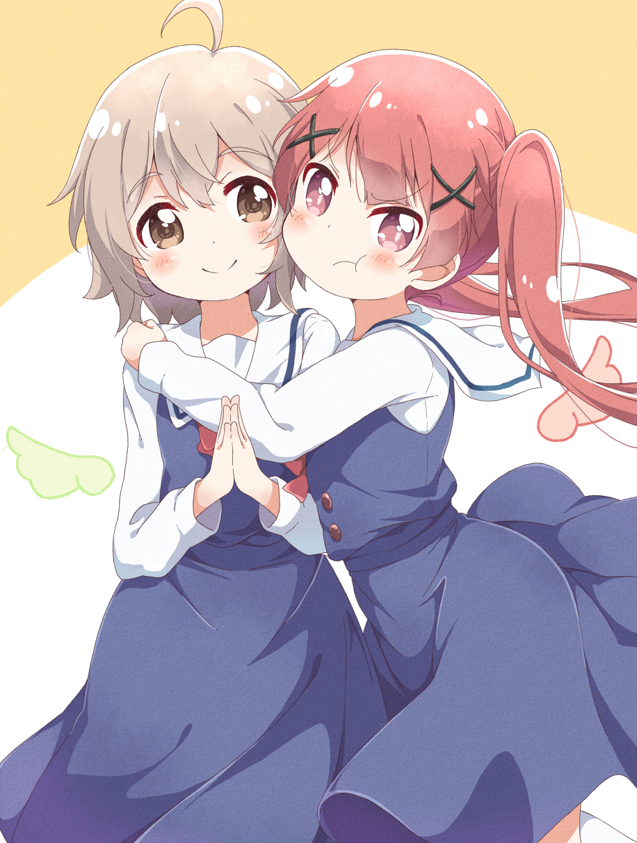 2girls ahoge angel_wings bangs blush clapping closed_mouth commentary_request eyebrows_visible_through_hair hair_ornament hands_on_another's_shoulders highres hug konomori_kanon long_sleeves looking_at_viewer multiple_girls pout school_uniform serafuku tanemura_koyori toma_(shinozaki) twintails two-tone_background watashi_ni_tenshi_ga_maiorita! white_background wings x_hair_ornament yellow_background