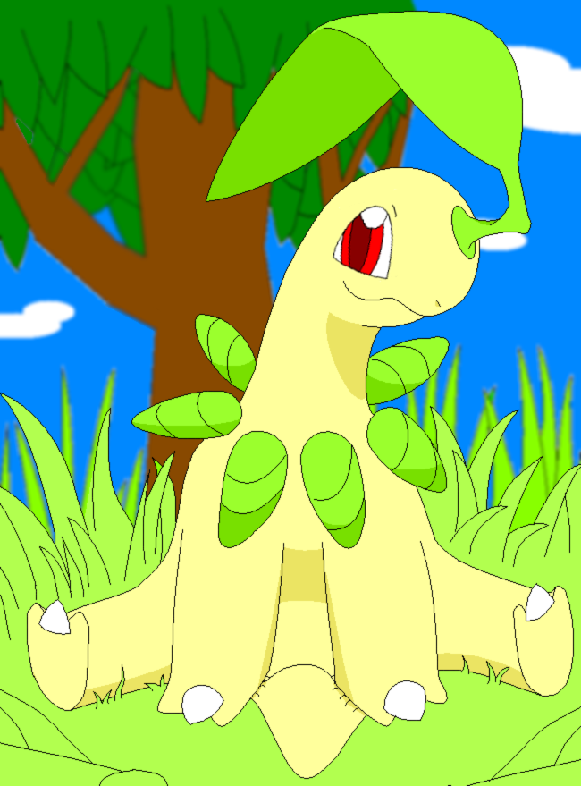 2009 3_toes aliasing ambiguous_gender bayleef blurred_background cel_shading claws cloud day detailed_background feet feral front_view grass happy kajinchu leaf looking_at_viewer ms_paint nintendo outside plant pok&eacute;mon pok&eacute;mon_(species) pupils quadruped red_eyes red_pupils shaded sitting sky smile smiling_at_viewer solo tan_body toe_claws toes tree video_games