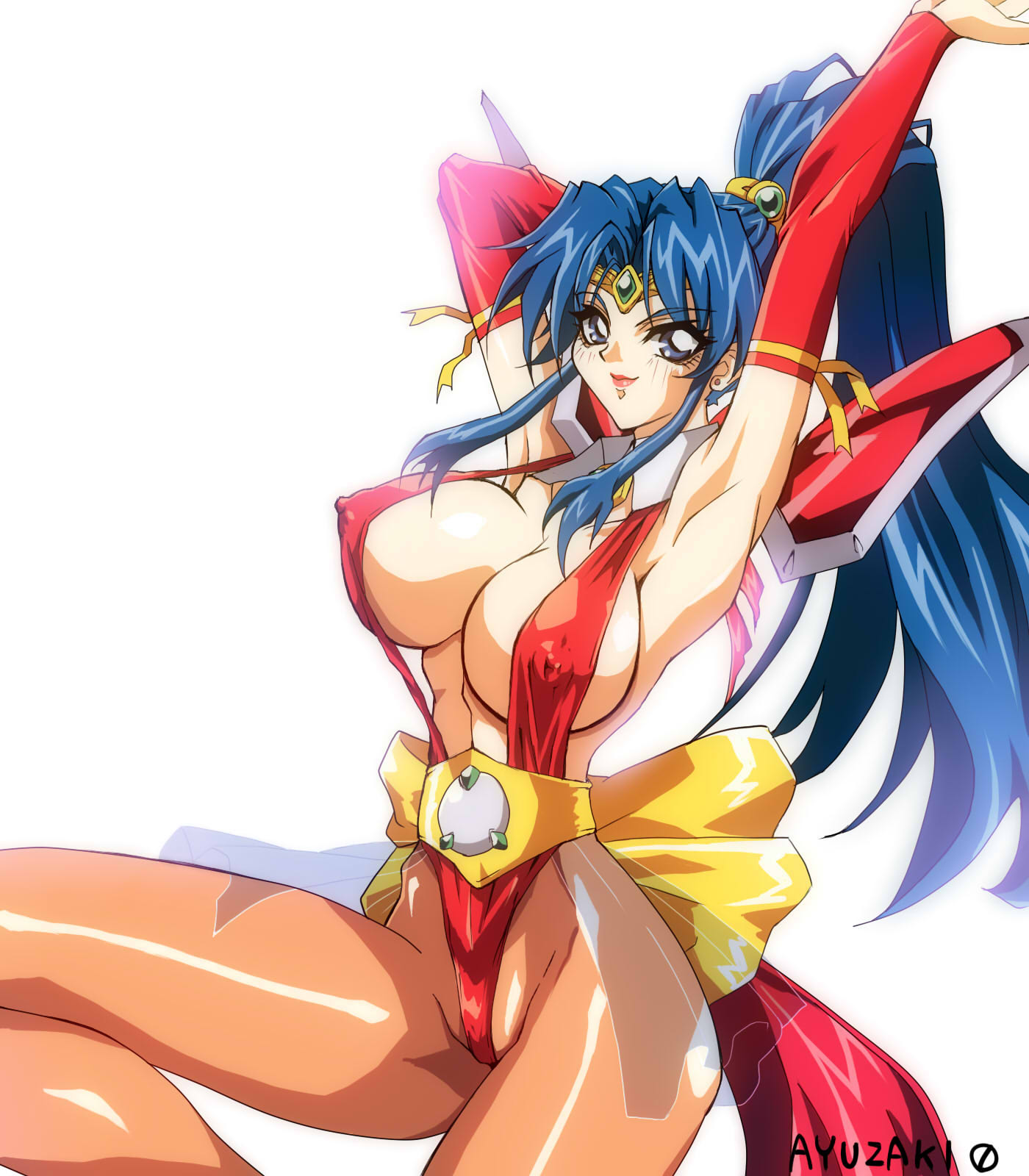 1girl armor armpits arms_up artist_name blue_eyes blue_hair breasts choujin_gakuen_gowcaizer cleavage closed_mouth commentary_request covered_nipples earrings hair_ornament highleg highleg_leotard highres hishizaki_shaia_(gowcaizer) jewelry large_breasts leotard lips lipstick long_hair looking_at_viewer makeup pantyhose ponytail red_leotard revealing_clothes shiny shiny_clothes shiny_hair shiny_skin shoulder_armor sidelocks signature simple_background smile solo tiara white_background wpdh4443