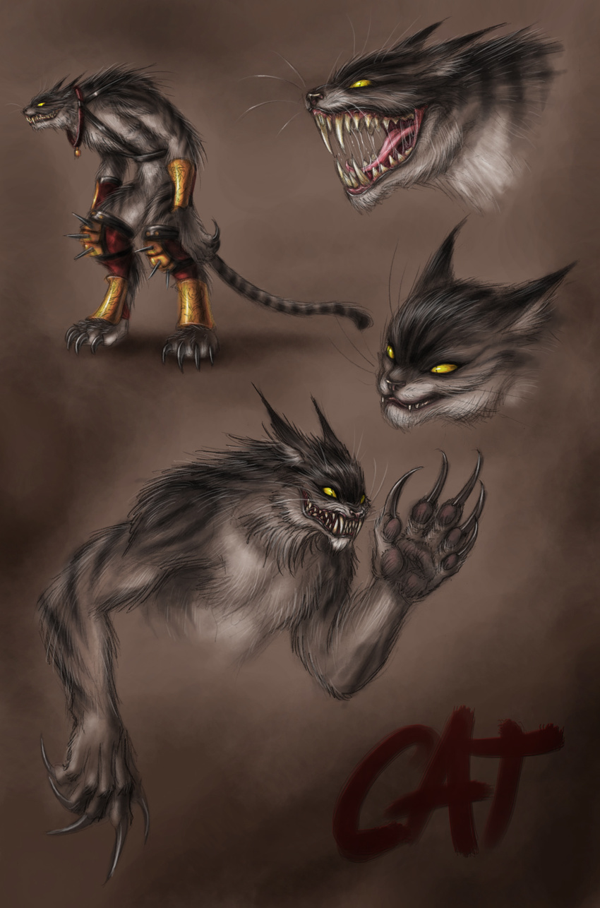 animal_ears armor cat cheshire_cat claws collar evil evil_grin evil_smile fangs fur grey_hair grin highres md5_mismatch muscle niki_hunter no_humans paws roaring saliva scowl smile spikes tail teeth tongue vambraces waving whiskers yellow_eyes