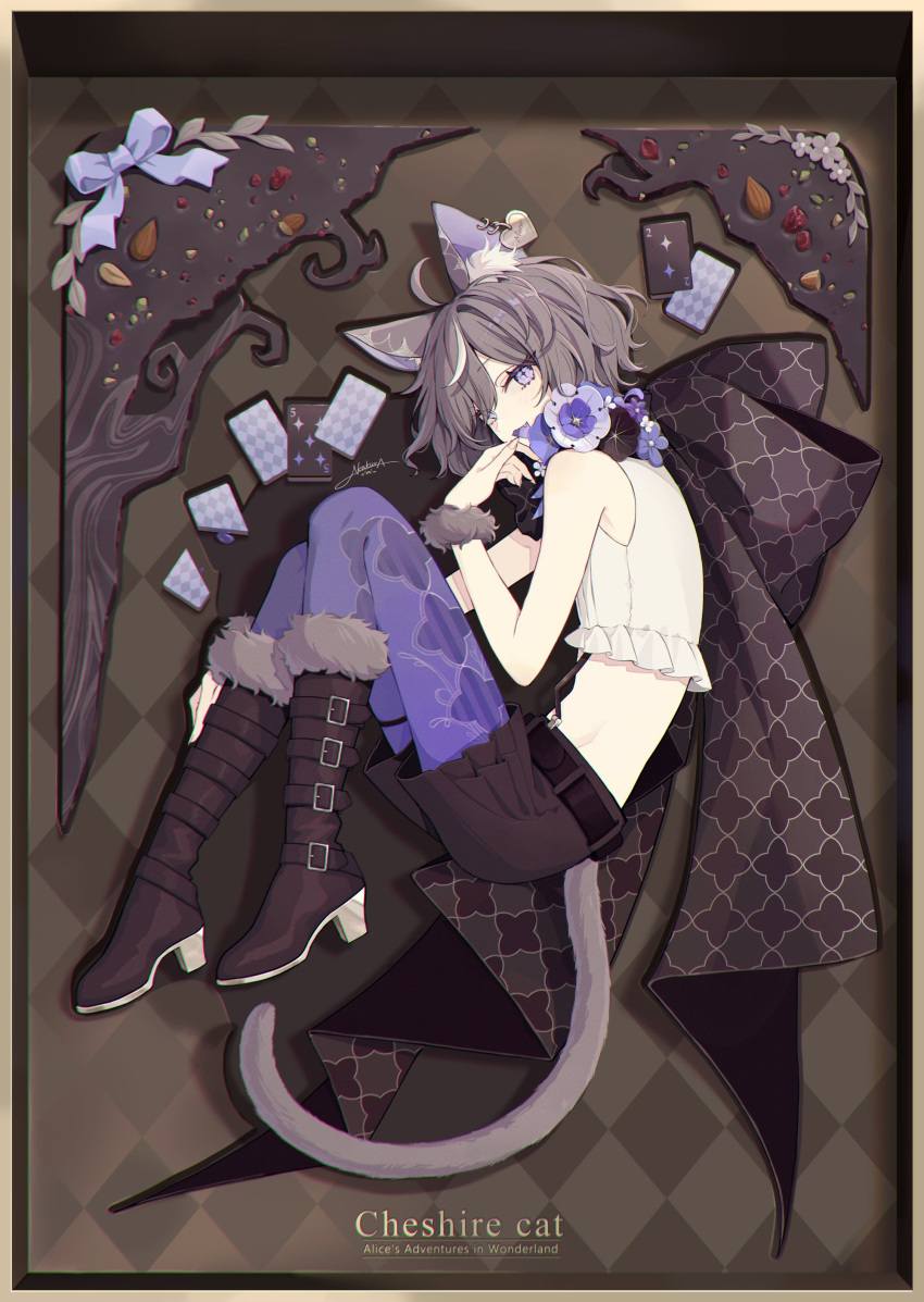1other absurdres ahoge akakura alice_in_wonderland androgynous animal_ear_fluff animal_ears bare_shoulders belt black_belt boots brown_footwear brown_hair brown_shorts cat_ears cat_tail character_name cheshire_cat_(alice_in_wonderland) fang full_body highres knee_boots looking_at_viewer multicolored_hair open_mouth purple_eyes short_hair shorts sleeveless smile solo streaked_hair symbol-shaped_pupils tail white_hair