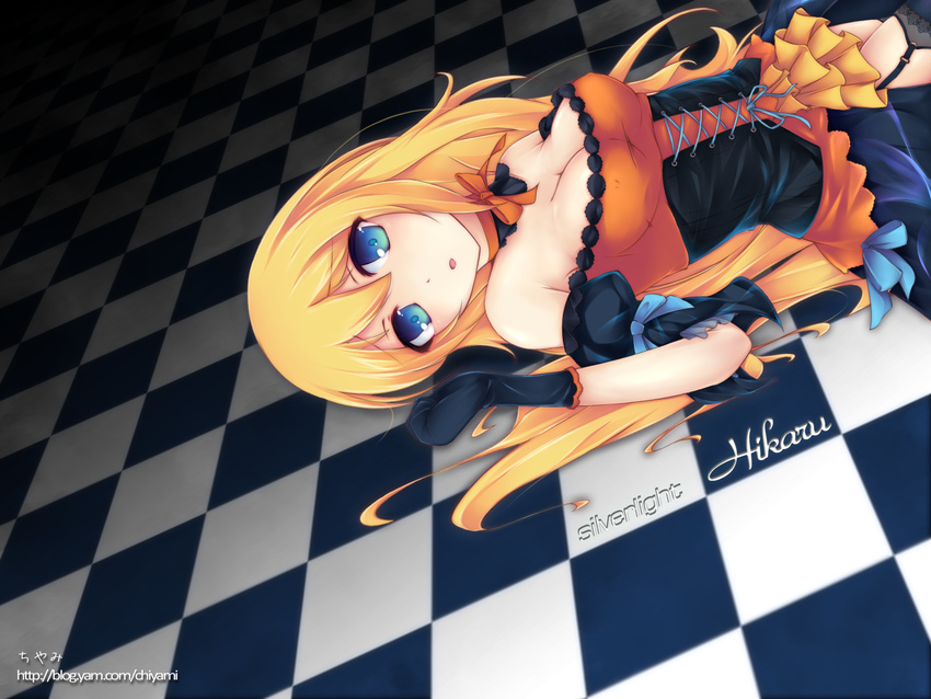 aizawa_hikaru bare_shoulders black_legwear blonde_hair blue_eyes breasts character_name checkered checkered_floor chiyami cleavage copyright_name covered_nipples dress garter_straps gloves halloween highres long_hair lying medium_breasts microsoft os-tan perspective ribbon silverlight solo thighhighs watermark web_address