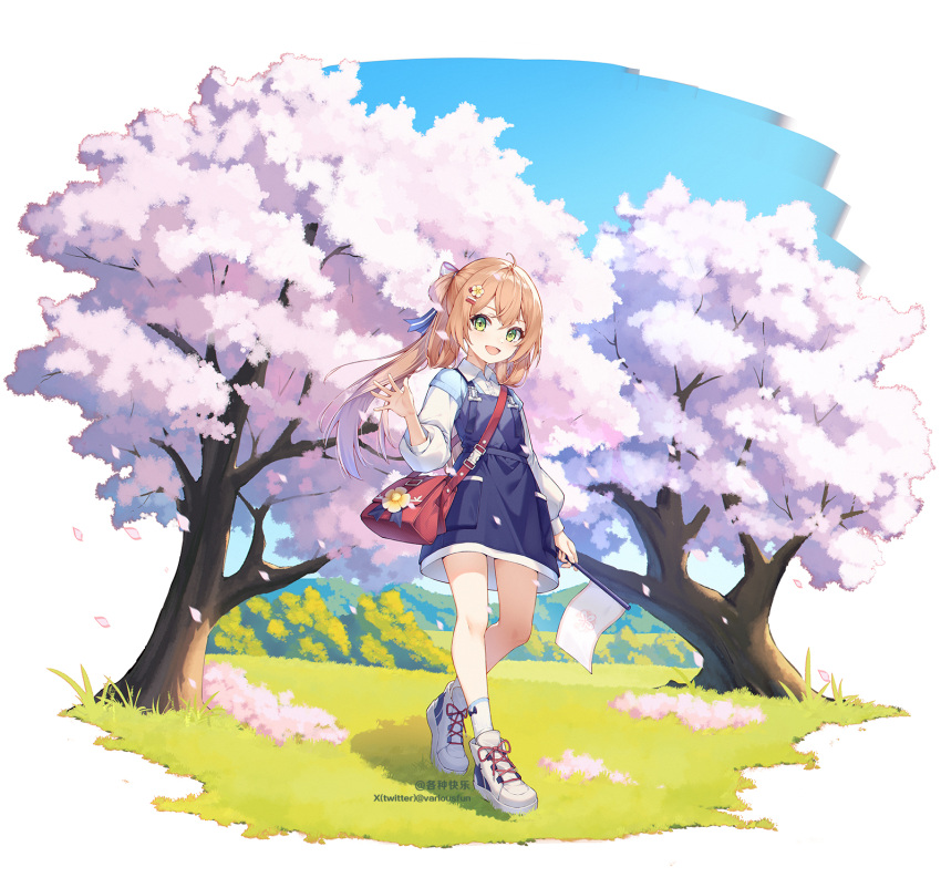 1girl aged_down ahoge bag blue_dress blue_sky brown_hair cherry_blossoms collared_shirt commission crossed_bangs double-parted_bangs dress flag flower ge_zhong_kuaile girls'_frontline green_eyes hair_between_eyes hair_flower hair_ornament hair_ribbon handbag highres holding holding_flag long_hair long_sleeves looking_at_viewer multiple_hairpins on_grass open_mouth outdoors pixiv_commission pixiv_username ribbon shirt shoes sky smile socks solo springfield_(girls'_frontline) tree twitter_username walking waving white_flag white_footwear white_shirt white_socks