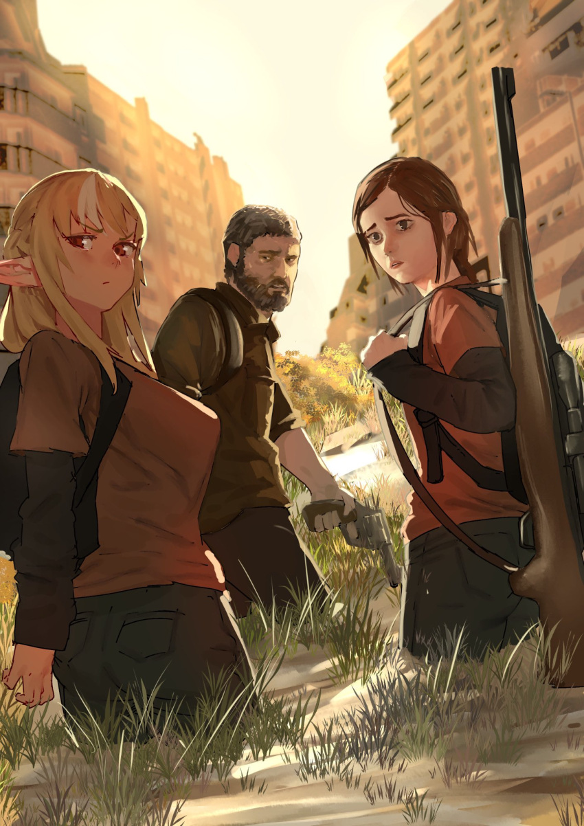 1boy backpack bag beard blonde_hair breasts brown_hair crossover dark-skinned_female dark_elf dark_skin elf ellie_(the_last_of_us) facial_hair green_eyes highres hololive joel_(the_last_of_us) large_breasts long_hair looking_at_viewer multicolored_hair multiple_girls pants pointy_ears ponytail post-apocalypse red_eyes shiranui_flare shirt short_hair sidelocks streaked_hair the_last_of_us uzuradobin virtual_youtuber