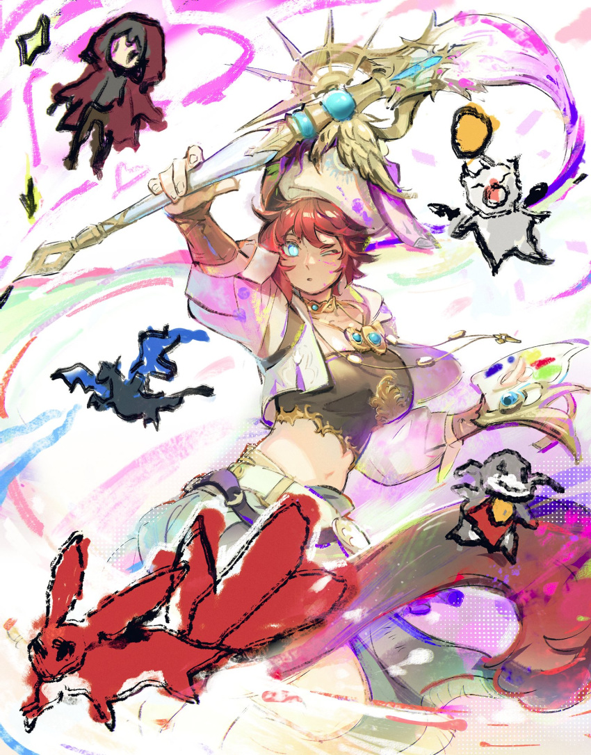 1girl :o amulet arm_guards bahamut_(final_fantasy) belt black_tube_top blue_eyes breasts carbuncle_(final_fantasy) cat_tail clothing_cutout drawing_(object) english_commentary final_fantasy final_fantasy_xiv gold_choker highres holding holding_paintbrush jacket jewelry large_breasts miqo'te namazu navel navel_cutout necklace no_pupils one_eye_closed paint_on_clothes paint_splatter paint_splatter_on_face paintbrush palette_(object) pants reneelric solo strapless tail tube_top warrior_of_light_(ff14) white_headwear white_jacket white_pants