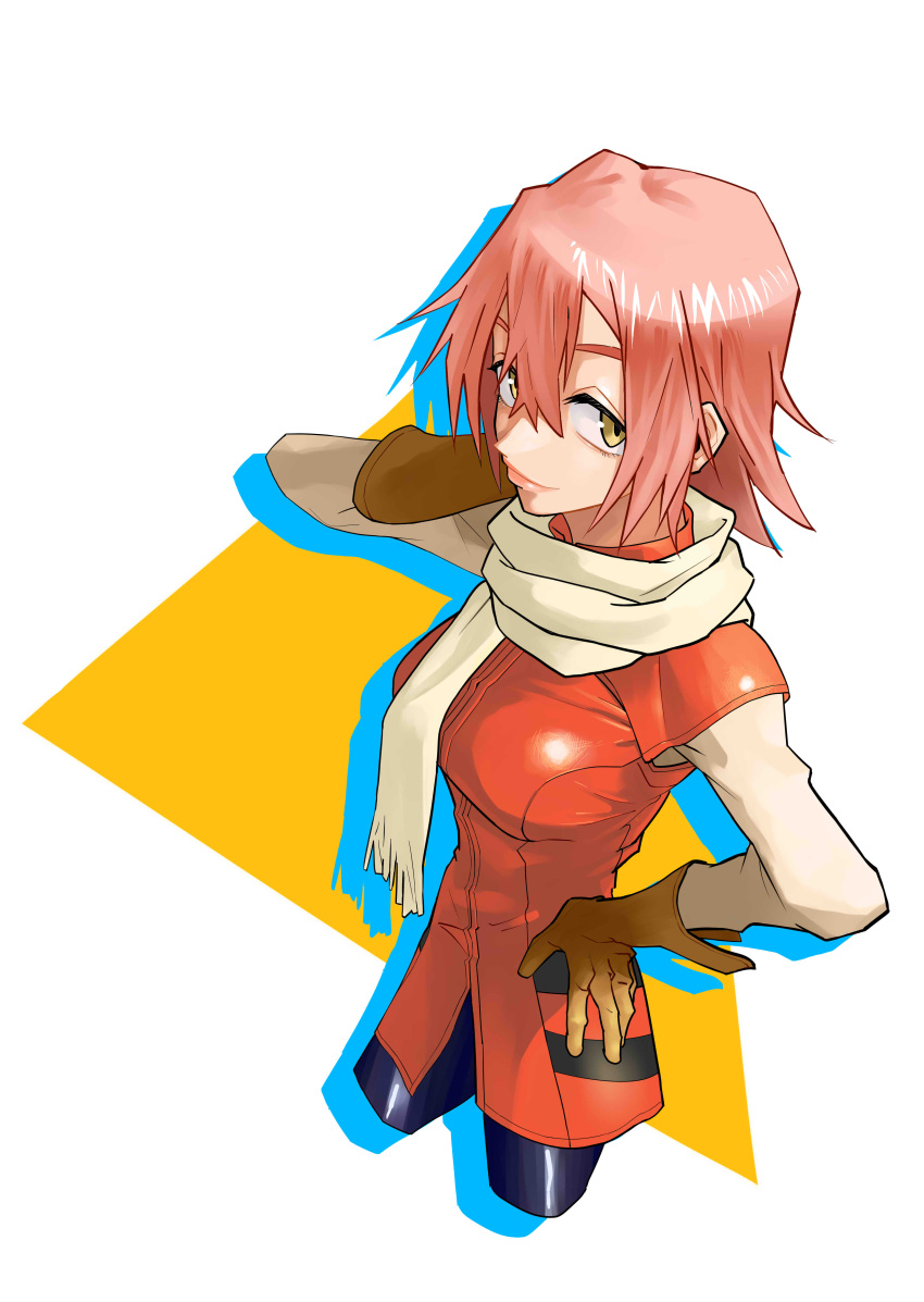 1girl absurdres breasts flcl gloves hair_between_eyes haruhara_haruko highres lips pink_hair scarf short_hair solo standing takeit0 triangle white_scarf yellow_gloves