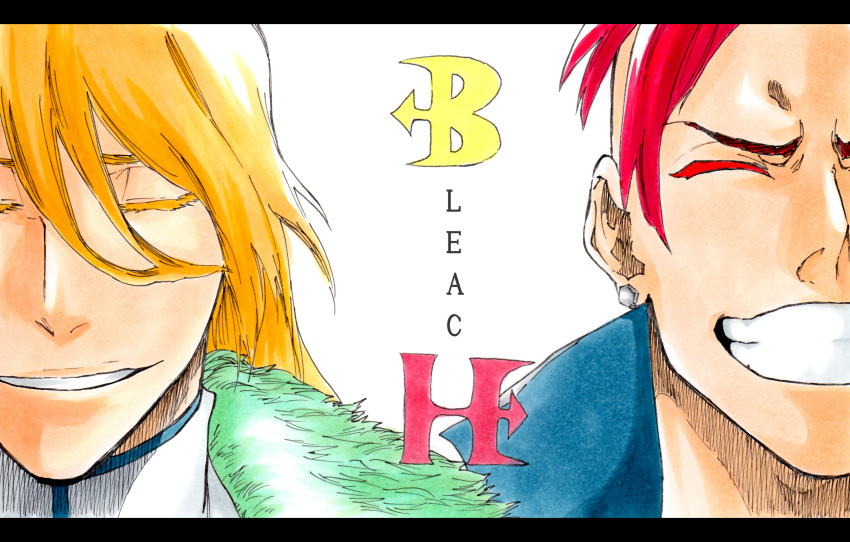 2boys ^_^ bazz-b bleach bleach:_sennen_kessen-hen blonde_hair close-up closed_eyes colored_eyelashes commentary_request copyright_name eyebrows_hidden_by_hair facing_viewer grin hair_between_eyes highres jugram_haschwalth ken'ichi_(ken1ro_u) long_hair multiple_boys nose parted_lips red_hair short_hair smile v-shaped_eyebrows