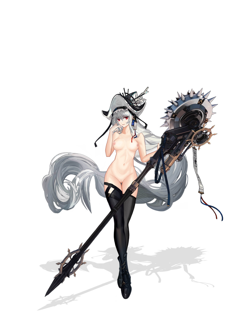 absurdres arknights black_footwear black_headwear breasts circular_saw grey_hair hat_ornament highres kkjjiioo long_hair medium_breasts navel nipples nude nude_filter pointy_hat pussy red_eyes saw shadow specter_(arknights) specter_the_unchained_(arknights) thighhighs third-party_edit uncensored very_long_hair white_background
