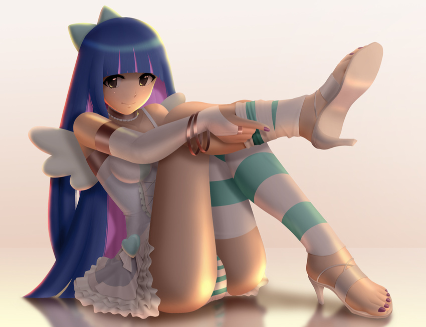 ass blue_hair bow bracelet bridal_gauntlets brown_eyes feet hair_bow high_heels jewelry long_hair long_legs multicolored_hair nail_polish necklace panties panty_&amp;_stocking_with_garterbelt pantyshot pink_hair purple_nails sandals shoes siraha smile solo stocking_(psg) striped striped_legwear striped_panties thighhighs thighhighs_pull toenail_polish underwear undressing wings