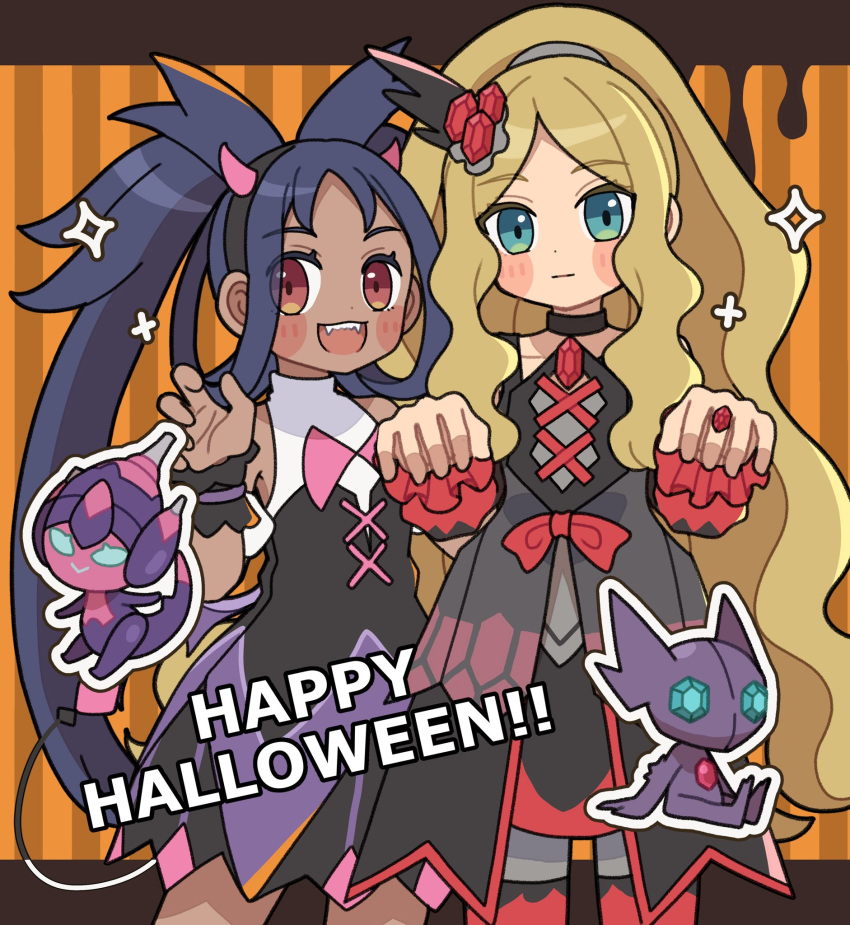 2girls aqua_eyes black_dress blonde_hair blue_eyes bow caitlin_(fall_2021)_(pokemon) caitlin_(pokemon) claw_pose closed_mouth colored_skin commentary_request dark-skinned_female dark_skin dress fake_horns fangs happy_halloween highres horns iris_(fall_2022)_(pokemon) iris_(pokemon) kokashiho letterboxed long_hair looking_at_viewer multiple_girls official_alternate_costume open_mouth outside_border outstretched_arms poipole pokemon pokemon_(creature) pokemon_masters_ex purple_hair purple_skin red_bow red_eyes sableye sitting smile sparkle teeth upper_teeth_only zombie_pose