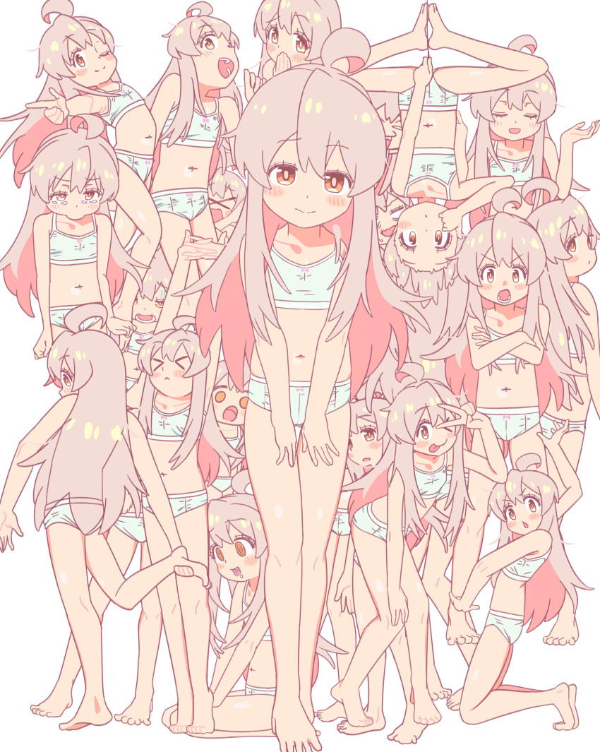 &gt;_&lt; 1girl absurdres ahoge barefoot blue_bra blue_panties blush bra brown_eyes closed_eyes colored_inner_hair compilation crossed_arms drooling facing_away facing_viewer feet from_behind grey_hair hand_to_own_mouth highres leaning_back leaning_forward long_hair looking_at_viewer multicolored_hair navel one_eye_closed onii-chan_wa_oshimai! oyama_mahiro panties pink_hair pout quadruplemurray seiza sitting solo standing standing_on_one_leg stomach stretching tareme training_bra underwear upside-down v