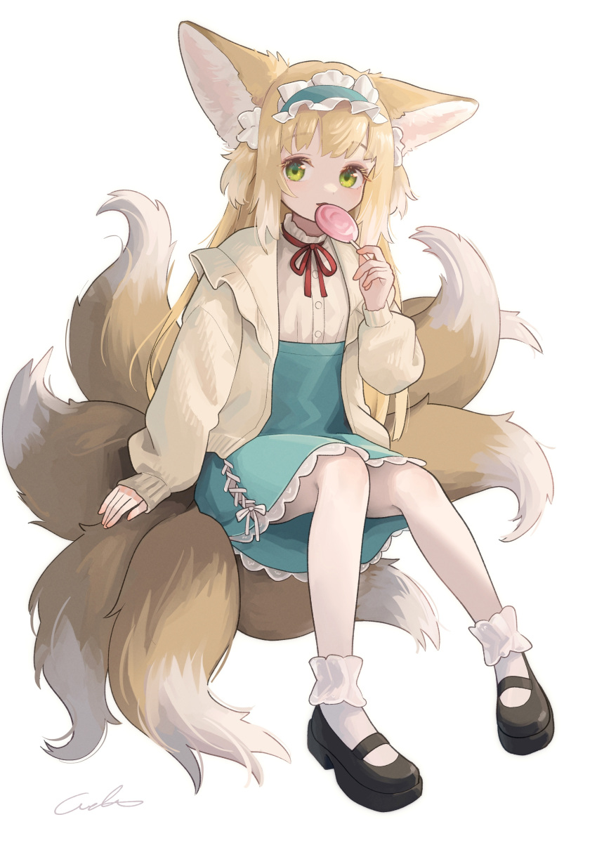 1girl absurdres animal_ears arknights black_footwear blonde_hair blue_hairband blue_skirt bobby_socks candy cardigan commentary cross-laced_clothes cross-laced_skirt food fox_ears fox_girl fox_tail frilled_hairband frills full_body hairband high-waist_skirt highres holding holding_candy holding_food holding_lollipop invisible_chair kitsune kyuubi lollipop long_hair long_sleeves looking_at_viewer mary_janes medium_skirt multiple_tails neck_ribbon official_alternate_costume open_mouth puffy_long_sleeves puffy_sleeves red_ribbon ribbon shirt shoes simple_background sitting skirt sleeves_past_wrists socks solo suzuran_(arknights) suzuran_(spring_praise)_(arknights) tail welt_(kinsei_koutenkyoku) white_background white_shirt white_socks yellow_cardigan