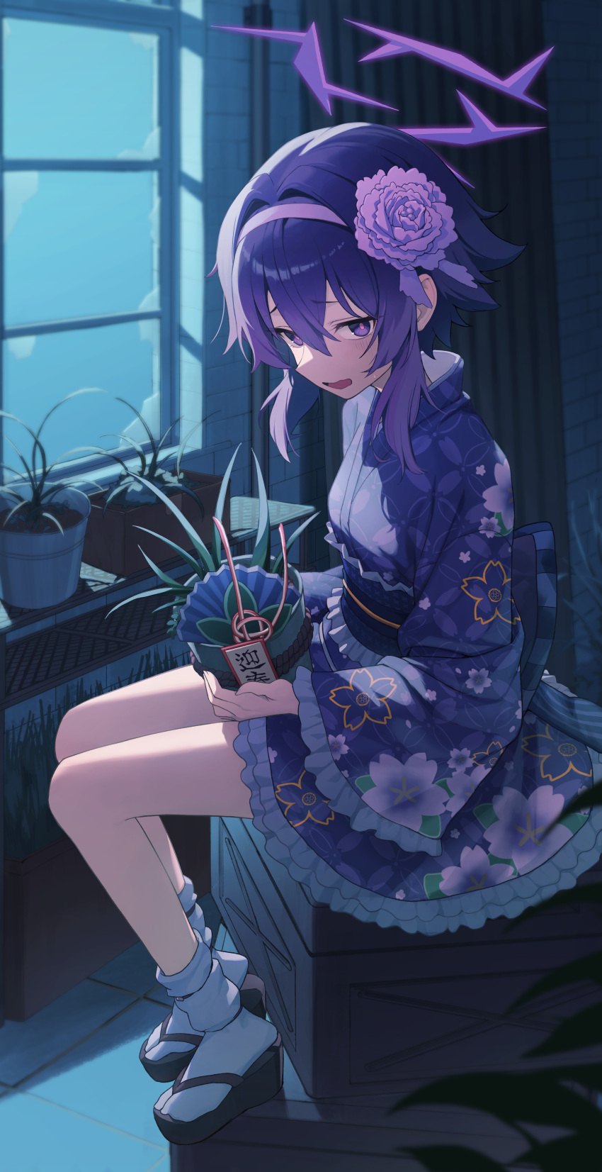 1girl absurdres blue_archive floral_print frilled_sleeves frills goeleu hair_between_eyes halo haruka_(blue_archive) haruka_(new_year)_(blue_archive) highres indoors japanese_clothes kimono long_sleeves medium_hair obi official_alternate_costume open_mouth plant potted_plant print_kimono purple_eyes purple_hair purple_halo purple_kimono sash sitting socks solo white_socks wide_sleeves window
