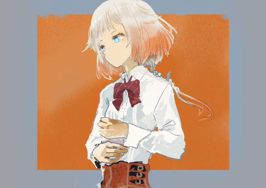 1girl adjusting_sleeves blonde_hair blue_eyes border bow bowtie braid braided_ponytail cevio closed_mouth commentary dress_shirt gradient_hair grey_border hair_flaps highres kabuyama_kaigi long_hair long_sleeves looking_ahead multicolored_hair one_(cevio) orange_background orange_hair outside_border red_bow red_bowtie red_skirt shirt shirt_tucked_in skirt sleeve_cuffs solo striped striped_bow striped_bowtie white_shirt