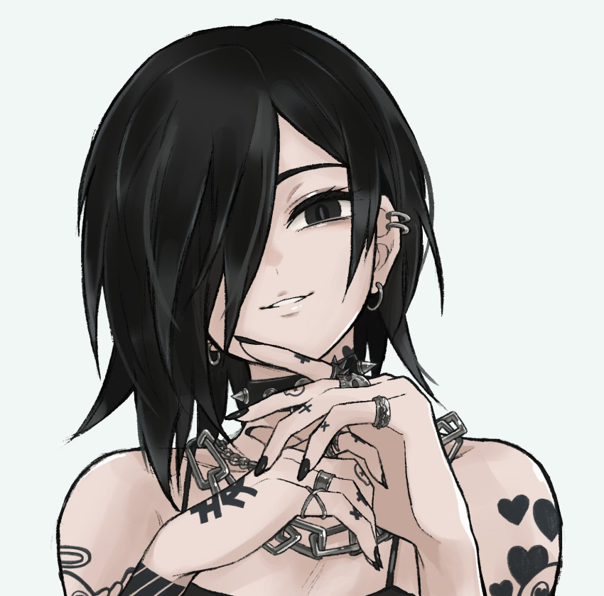 1girl bare_shoulders black_choker black_eyes black_hair choker earrings hair_over_one_eye hands_up highres jewelry medium_hair original portrait ring shoulder_tattoo simple_background smile solo sushi_pizza_rrr tattoo teeth white_background