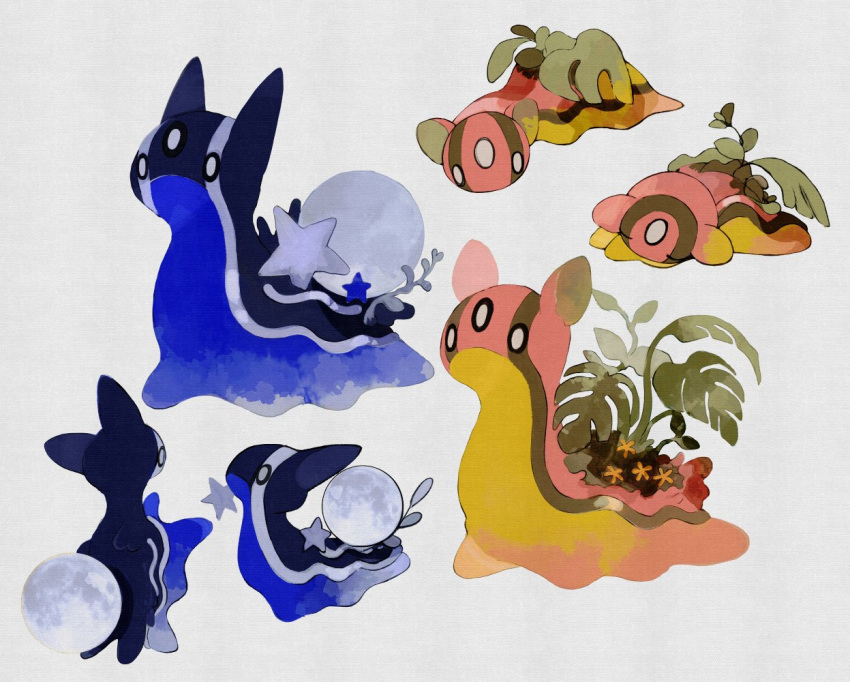 2others alternate_universe animal_focus bright_pupils closed_mouth flower from_above from_side full_body gastrodon gastrodon_(east) gastrodon_(west) li04r lying moon mouth_hold multiple_others multiple_views no_humans on_stomach plant pokemon pokemon_(creature) simple_background sleeping slug white_background white_pupils yellow_flower