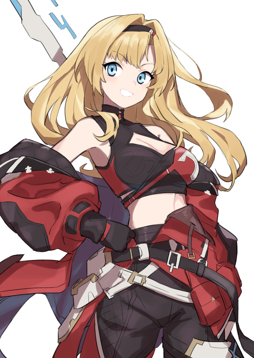 1girl absurdres armpits asymmetrical_bangs black_gloves black_hairband black_pants blonde_hair blue_eyes breasts cleavage cleavage_cutout clothing_cutout coat crop_top floating_hair gazacy_(dai) gloves granblue_fantasy grin hair_intakes hairband hand_on_own_hip highres long_hair long_sleeves looking_at_viewer medium_breasts midriff open_clothes open_coat pants smile solo standing stomach white_background zeta_(granblue_fantasy)