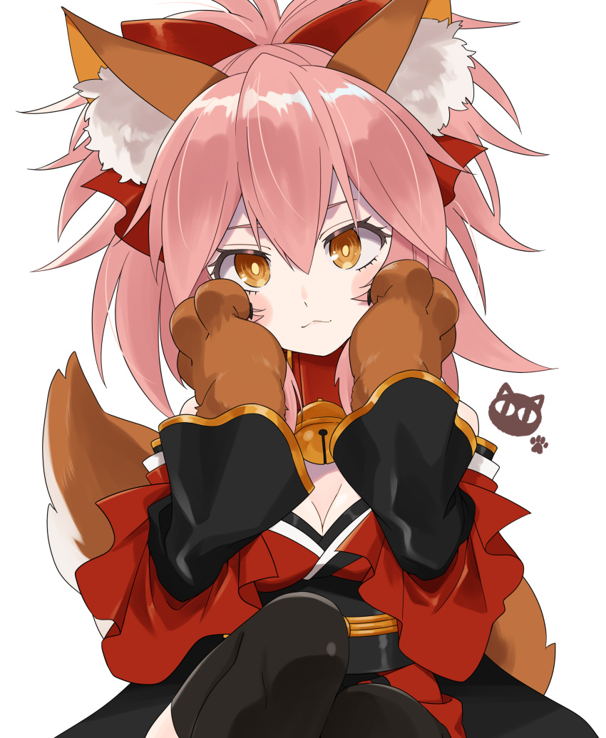 1girl :3 absurdres animal_ear_fluff animal_ears animal_hands bell blush_stickers bright_pupils brown_eyes closed_mouth commentary_request cowboy_shot double-parted_bangs eyelashes fate/grand_order fate_(series) fox_ears fox_girl fox_tail gloves hair_between_eyes hair_ribbon hands_on_own_cheeks hands_on_own_face hands_up highres jingle_bell knees_up looking_at_viewer m_0506 neck_bell paw_gloves pink_hair red_ribbon ribbon ringed_eyes simple_background sitting smile solo tail tamamo_(fate) tamamo_cat_(fate) white_background