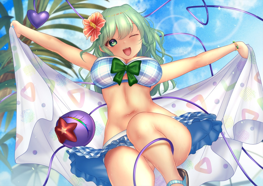 ;d bikini blue_bikini blue_sky blurry blurry_background bow bracelet breasts cleavage commentary_request flower frilled_bikini frills green_bow green_eyes green_hair hair_flower hair_ornament heart jewelry komeiji_koishi komeiji_koishi_(the_excited_eyes_of_love) large_breasts leg_up lens_flare looking_at_viewer one_eye_closed open_mouth outdoors outstretched_arms palm_tree parasol plaid plaid_bikini red_flower short_hair shounen_(hogehoge) sky smile starfish swimsuit third_eye touhou touhou_lost_word towel tree umbrella variant_set