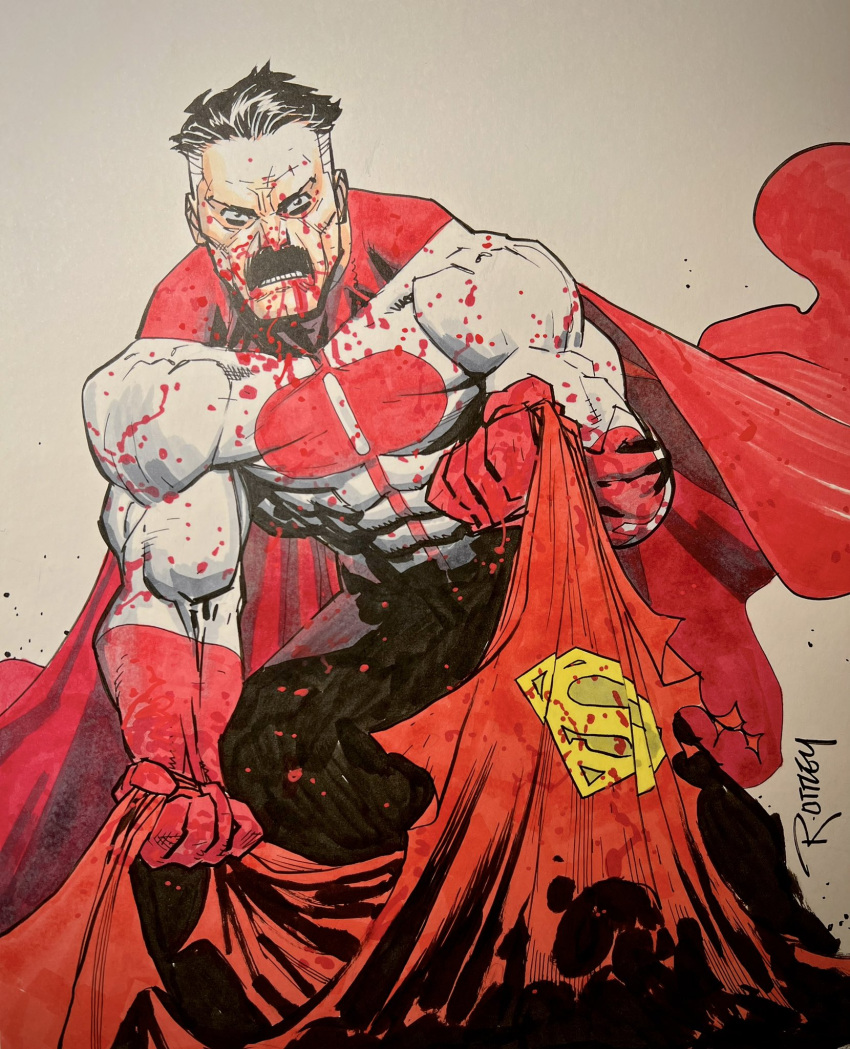 1boy abs black_hair blood blood_on_clothes blood_on_face cape commentary commission crazy_eyes dc_comics english_commentary facial_hair grey_hair highres implied_murder invincible_(series) male_focus marker_(medium) muscular muscular_male mustache nolan_grayson omni-man red_cape ryan_ottley signature solo superhero superman superman_(series) torn_cape torn_clothes traditional_media two_side_up