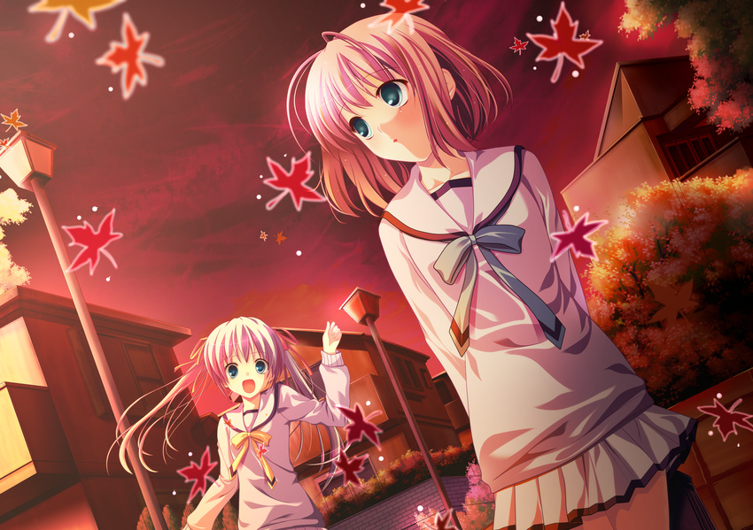 2girls autumn blue_eyes original pink_hair ribbons seifuku