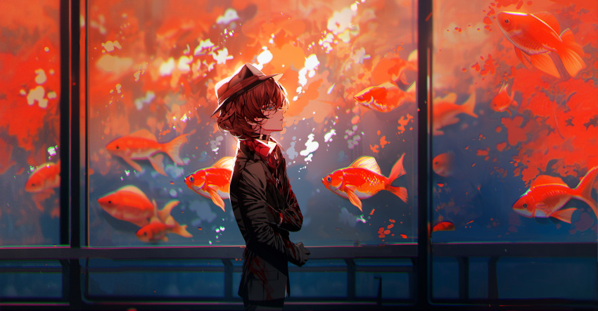 1boy absurdres backlighting baocaizi black_gloves black_headwear black_jacket blue_eyes bungou_stray_dogs collared_shirt commentary english_commentary fedora fish gloves goldfish hat highres jacket looking_up male_focus nakahara_chuuya orange_hair parted_lips railing red_shirt shirt short_hair solo window