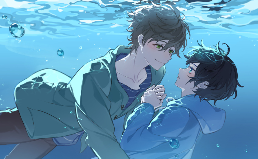 2boys absurdres bishounen black_hair brown_hair character_request cowboy_shot ebf7l free! green_eyes green_jacket highres hood hoodie jacket male_focus min_suha multiple_boys short_hair smile underwater