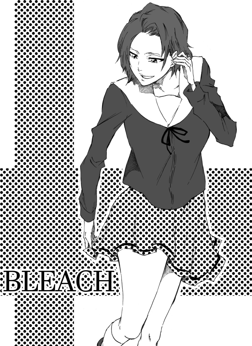 1girl absurdres aged_down arm_at_side black_ribbon bleach bleach:_sennen_kessen-hen commentary copyright_name feet_out_of_frame grin hand_up highres ken'ichi_(ken1ro_u) kubo_tite_(style) kurosaki_masaki long_sleeves looking_down monochrome polka_dot polka_dot_skirt ribbon shirt short_hair simple_background skirt smile solo standing white_background