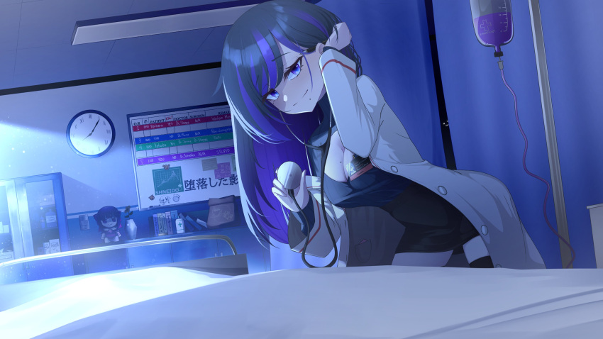 1girl analog_clock bed black_dress black_hair black_thighhighs blue_eyes blue_hair breasts character_doll clock closed_mouth coat commission dress fallenshadow highres holding_stethoscope hospital_bed indie_virtual_youtuber intravenous_drip lab_coat long_hair mole mole_on_breast mole_under_mouth multicolored_hair nurse solo streaked_hair tea_party_biscuits thighhighs white_coat