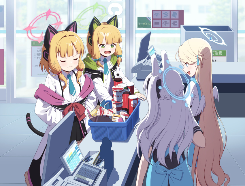 4girls :3 absurdres angel's_24_uniform_(blue_archive) animal_ear_headphones animal_ears apron blonde_hair blue_apron blue_archive blue_bow blue_eyes blue_halo blue_necktie bow braid cat_ear_headphones cat_tail closed_eyes closed_mouth collared_shirt commentary_request convenience_store fake_animal_ears fake_tail french_braid green_eyes green_halo hair_bow halo headphones highres long_hair low-tied_sidelocks midori_(blue_archive) miyako_(blue_archive) momoi_(blue_archive) multiple_girls necktie one_side_up open_mouth pink_halo red_bow shirt shop short_hair short_necktie sizque sora_(blue_archive) tail very_long_hair white_hair white_halo white_shirt