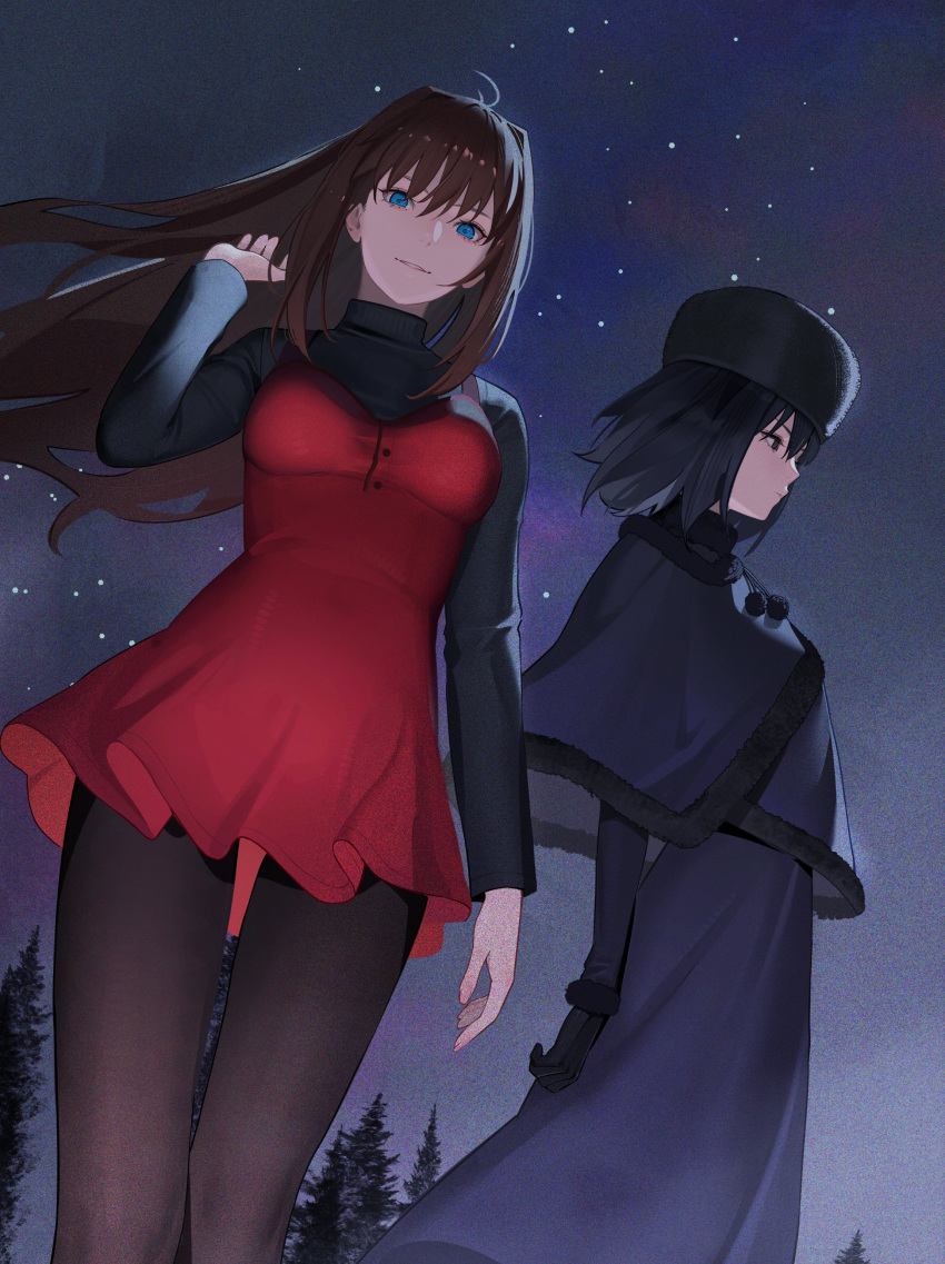 2girls absurdres ajirogasa aozaki_aoko black_capelet black_dress black_eyes black_gloves black_hair black_headwear black_pantyhose black_sweater blue_eyes brown_hair capelet closed_mouth commentary dress drid english_commentary fur-trimmed_capelet fur-trimmed_gloves fur-trimmed_headwear fur_collar fur_trim gloves hat highres kuonji_alice long_hair long_sleeves looking_at_viewer mahou_tsukai_no_yoru multiple_girls night night_sky outdoors pantyhose red_dress short_hair sky smile star_(sky) sweater tree turtleneck turtleneck_sweater