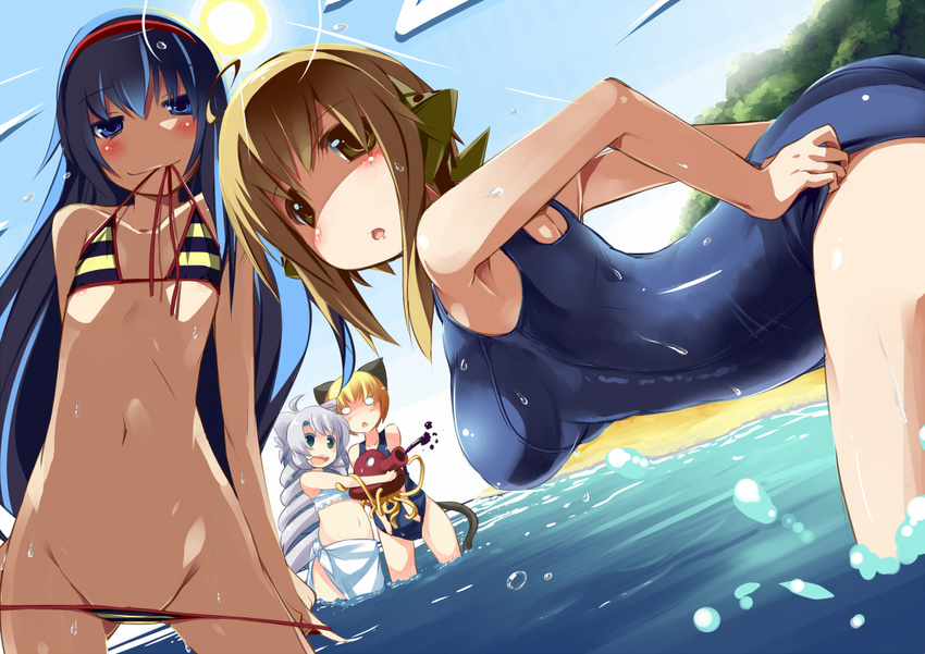:o ahoge animal_ears bad_id bad_pixiv_id bent_over bikini bikini_in_mouth bikini_pull blue_eyes blue_hair blush breasts brown_eyes copyright_request dutch_angle error flat_chest front-tie_top green_eyes groin hug long_hair medium_breasts mouth_hold multiple_girls navel no_pupils ocean one-piece_swimsuit open_mouth pulled_by_self sarong school_swimsuit short_hair silver_hair small_breasts smile striped striped_bikini striped_swimsuit sun swimsuit tail very_long_hair wading water wet white_sarong yace