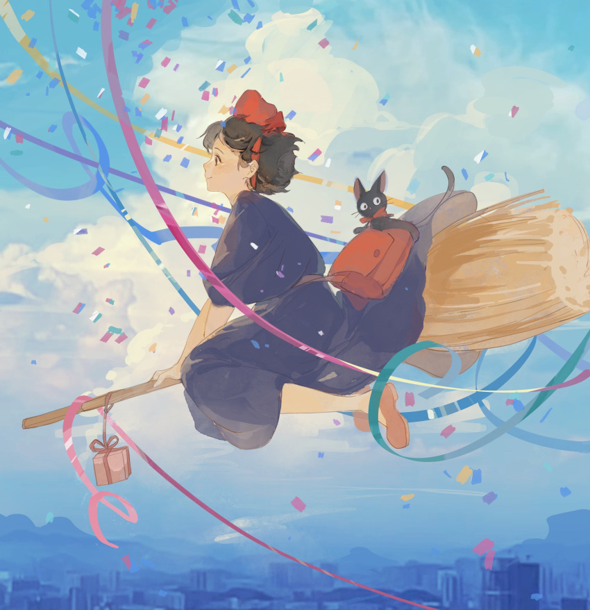 1girl absurdres bag black_cat black_eyes black_hair black_robe blue_sky bow_hairband box broom broom_riding brown_footwear cat city cityscape cloud commentary confetti flying from_side full_body gift gift_box hairband highres jiji_(majo_no_takkyuubin) kiki_(majo_no_takkyuubin) loafers looking_ahead majo_no_takkyuubin midair mountain procreate_(medium) profile red_bag red_hairband robe shoes short_hair shoulder_bag sky smile solo symbol-only_commentary witch yamasakiu