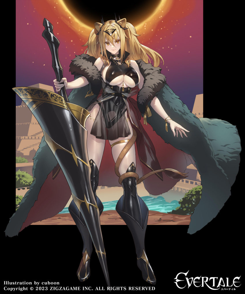 1girl animal_ears artist_name bare_shoulders black_leotard blonde_hair boots bracelet breasts cape closed_mouth coat commentary_request company_connection company_name copyright_name cuboon evertale fur_trim gilgamesh_(evertale) highres holding jewelry large_breasts leotard lion_ears lion_tail lips logo long_hair looking_at_viewer off_shoulder official_art pelvic_curtain see-through shiny_clothes shiny_skin smile tail tail_wrap thigh_boots thigh_strap thighs underboob weapon yellow_eyes