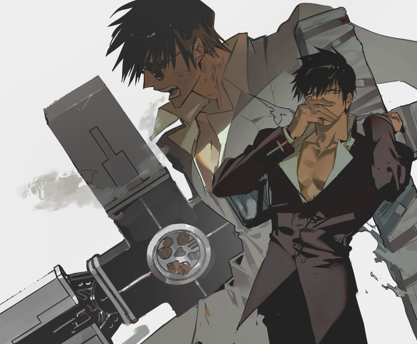 1boy arm_up black_hair black_jacket black_pants cigarette citronplanet collared_shirt cowboy_shot cross_punisher grey_eyes hand_up highres jacket large_cross long_sleeves male_focus nicholas_d._wolfwood open_mouth pants partially_unbuttoned pectoral_cleavage pectorals profile shirt short_hair smoking standing sunglasses trigun white_background white_shirt