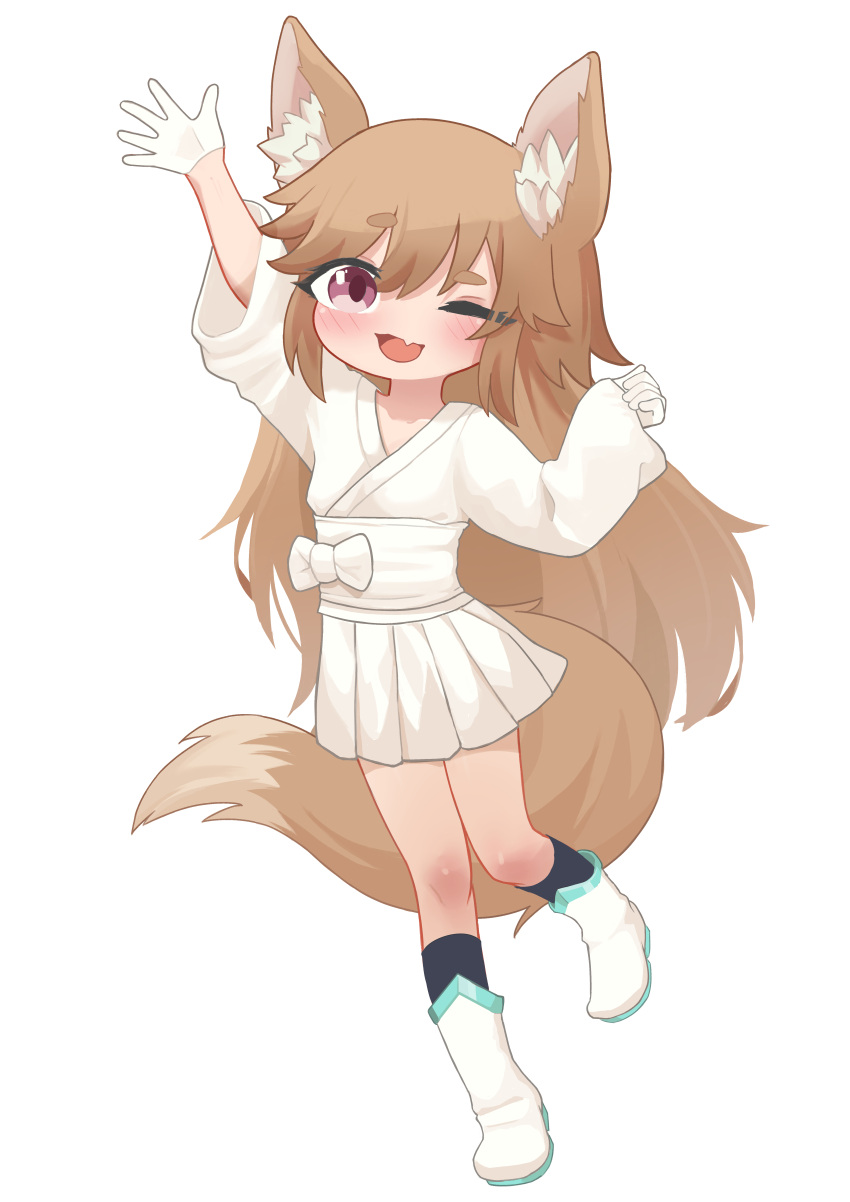 1girl :3 :d absurdres animal_ear_fluff animal_ears arm_up black_socks blonde_hair blush boots fang fox_ears fox_girl fox_tail full_body gloves highres japanese_clothes kimono kimono_skirt knees_together_feet_apart long_hair long_sleeves looking_at_viewer miniskirt nanachides one_eye_closed original paid_reward_available pleated_skirt purple_eyes sash skirt smile socks tail thick_eyebrows variant_set very_long_hair white_footwear white_gloves white_kimono white_sash white_skirt