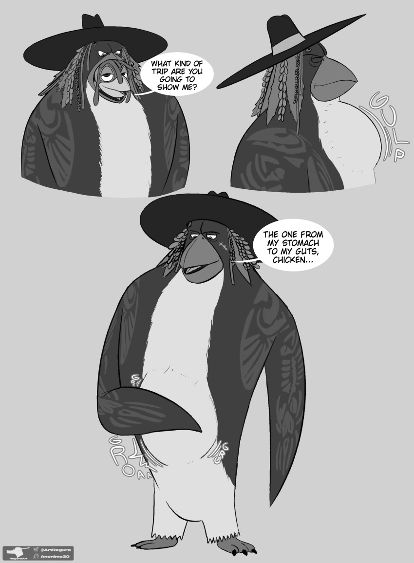 abdominal_bulge absurd_res anthro arm_tattoo avian beak belly bird bulge chest_tattoo chicken chicken_joe clothing digestion_noises duo galliform gallus_(genus) greyscale hat headgear headwear hi_res male male/male monochrome neck_bulge oral_vore penguin phasianid pseudo_hair rogero_(artist) scar sketch speech_bubble surf's_up surf's_up_2:_wavemania tattoo the_undertaker vore watermark