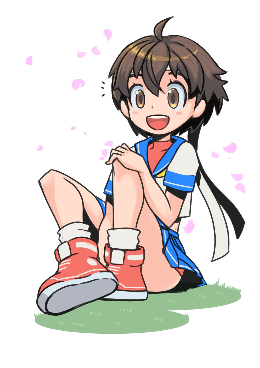 1girl :d absurdres blue_sailor_collar breasts brown_eyes brown_hair buruma buruma_under_skirt commentary_request converse full_body hair_between_eyes hand_on_own_knee headband highres kasugano_sakura looking_at_viewer medium_breasts no_gloves okera open_mouth red_buruma sailor_collar sailor_crest school_uniform serafuku shoes short_hair sitting skirt smile solo street_fighter street_fighter_zero_(series) teeth upper_teeth_only white_background white_headband