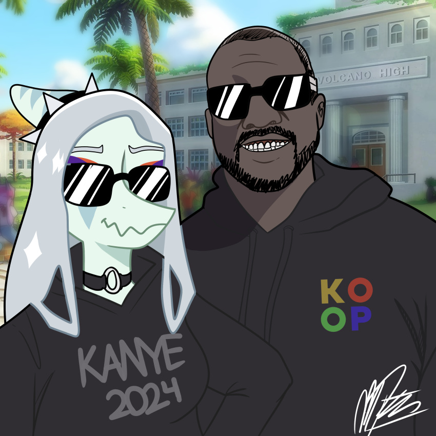 1:1 absurd_res accessory anthro black_clothing black_topwear blue_body blue_scales bone_frill choker clothed clothing colored duo eyeshadow eyewear fang_(gvh) female frill_(anatomy) goodbye_volcano_high grass grin hair hair_accessory hairband head_crest head_frill hi_res hoodie human humor jewelry kanye_west makeup male mammal markcaracortada necklace outside plant pterodactylus pterosaur reptile scales scalie short_hair smile spiked_hairband sunglasses topwear tree what