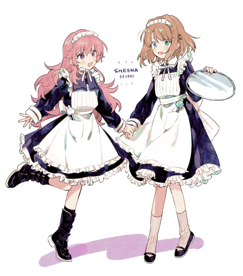 2girls alternate_costume aono_nachi apron black_footwear black_socks blush boots bow bowtie brown_hair character_name collared_dress dress flats full_body green_eyes highres holding holding_hands holding_tray kagari_mimi kimi_ga_shinu_made_koi_wo_shitai long_hair long_sleeves looking_at_another maid_apron maid_day maid_headdress multiple_girls open_mouth petticoat pink_eyes pink_hair short_hair sidelocks smile socks standing standing_on_one_leg sweatdrop totsuki_shiina tray white_background white_socks