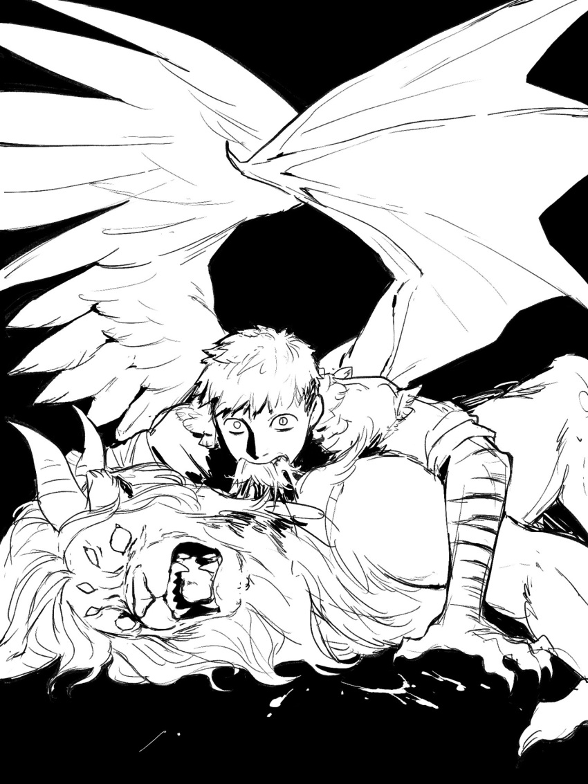 1boy animal_hands asymmetrical_wings biting body_fur commentary demon demon_horns demon_wings dungeon_meshi extra_eyes feathered_wings greyscale hair_in_another's_mouth highres horns laios_thorden lion looking_at_viewer male_focus monochrome off_shoulder open_mouth pest_fox shirt short_hair sleeves_rolled_up spoilers symbol-only_commentary tiger_stripes winged_lion_(dungeon_meshi) wings