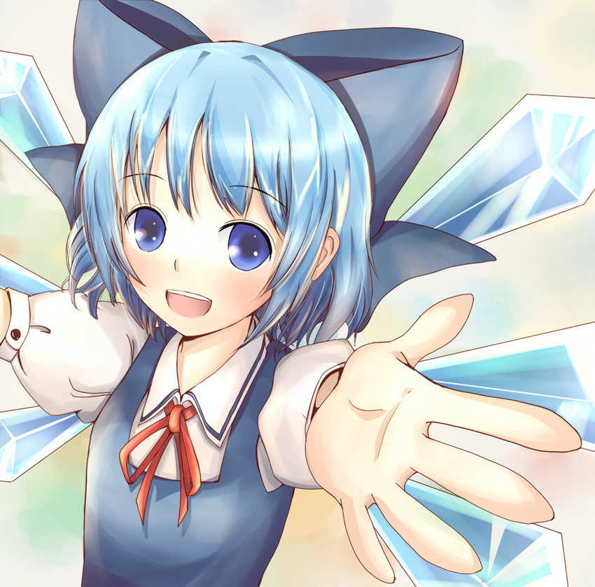 aikawa_ryou blue_eyes blue_hair bow cirno hair_bow hands neck_ribbon outstretched_arms ribbon short_hair solo touhou wings