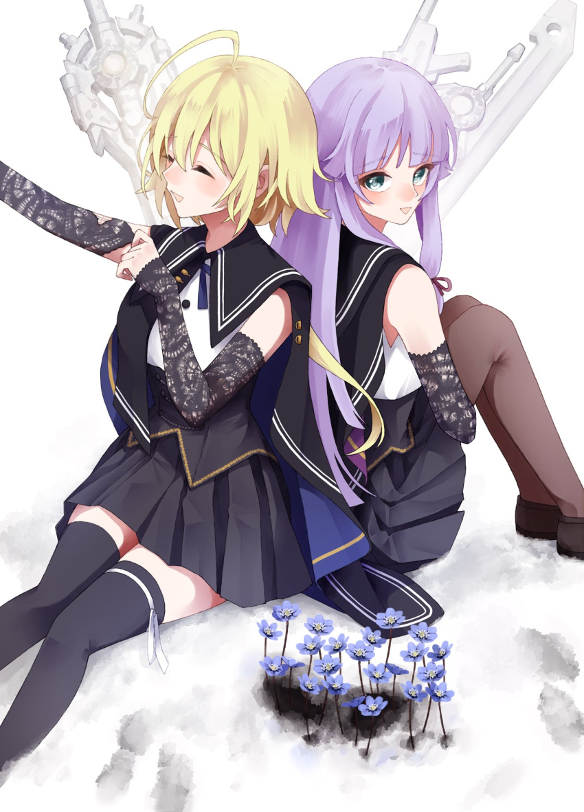 2girls ahoge amahara_nue amano_soraha aqua_eyes arm_up assault_lily back-to-back banshouya_ena bare_shoulders black_cape black_footwear black_skirt black_thighhighs blonde_hair blue_flower blunt_bangs blunt_ends blush brown_pantyhose buttons cape closed_eyes commentary_request detached_sleeves feet_out_of_frame flower hair_between_eyes hand_up highres hugging_own_legs knees_up lace_sleeves leg_ribbon long_hair long_sleeves looking_at_viewer looking_to_the_side low_ponytail miniskirt multiple_girls neck_ribbon outstretched_arm pantyhose parted_lips planted planted_sword pleated_skirt ponytail purple_hair ribbon school_uniform shirt shoes sidelocks simple_background sitting skirt sleeveless sleeveless_shirt sleeves_past_wrists smile sword thigh_ribbon thighhighs two-sided_cape two-sided_fabric underbust very_long_hair weapon white_background white_ribbon white_shirt yurigaoka_girls_academy_school_uniform zettai_ryouiki