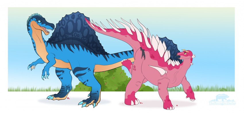 after_transformation beak berry blonde_hair blue_body blue_scales claws dinosaur dorsal_fin dorsal_ridge duo female feral fin food fruit growth hair hi_res kentrosaurus looking_at_another male nervous ornithischian outside pink_body pink_scales plant pupils reptile sail_(anatomy) scale_growth scales scalie shrub slit_pupils spiked_tail spikes spikes_(anatomy) spinosaurid spinosaurus stegosaurian tail thagomizer thenornonthego theropod thyreophoran transformation