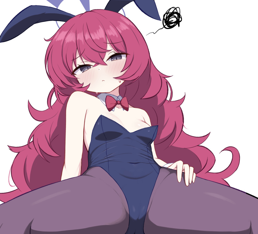 1girl animal_ears black_leotard black_pantyhose blue_archive blush bow closed_mouth detached_collar fake_animal_ears grey_eyes hair_between_eyes halo highres io9 iroha_(blue_archive) leotard long_hair pantyhose purple_halo rabbit_ears red_bow red_hair simple_background solo spread_legs squiggle strapless strapless_leotard white_background