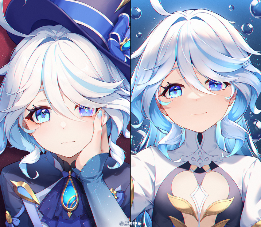 2girls blue_brooch blue_dress blue_eyes blue_gemstone blue_hair blue_headwear blue_jacket character_request cowlick dress drop-shaped_pupils furina_(genshin_impact) ge_zhong_kuaile gem genshin_impact hand_on_own_cheek hand_on_own_face hat heterochromia jacket light_blue_hair long_hair mismatched_pupils multiple_girls purple_eyes short_hair smile top_hat white_dress