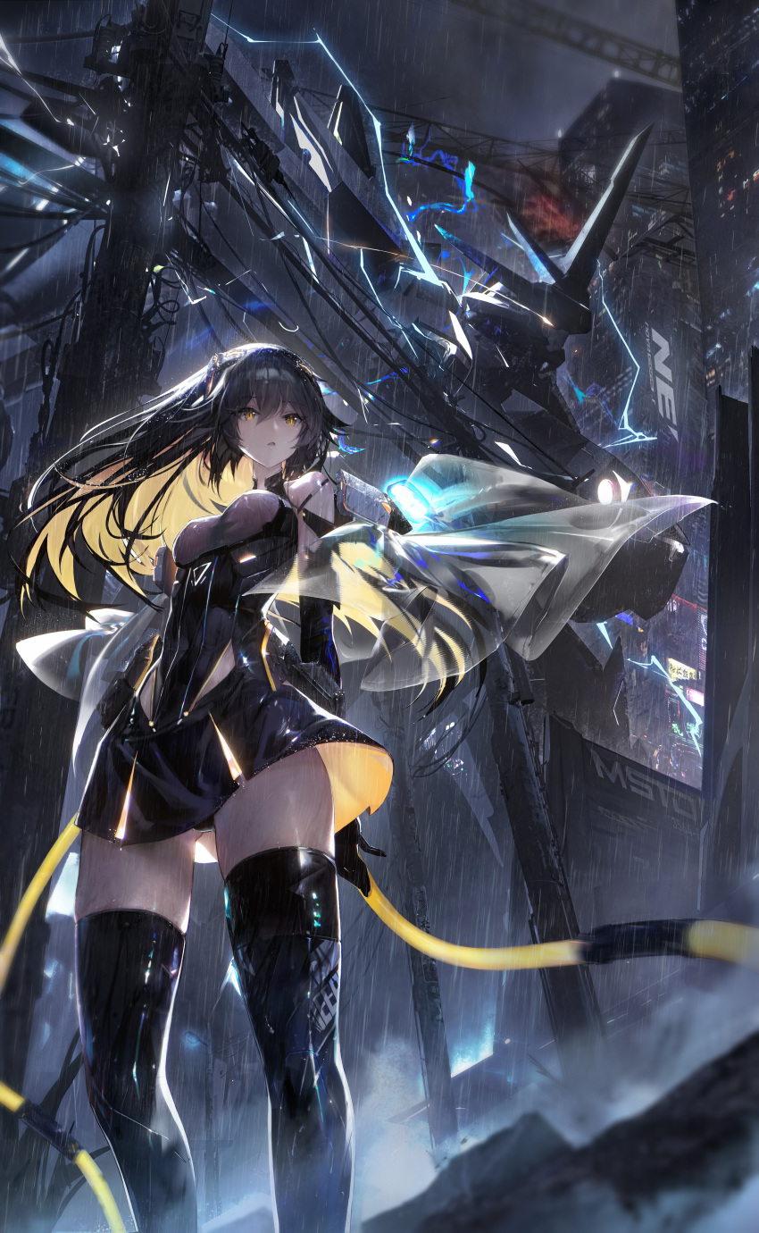 1girl absurdres bare_shoulders black_dress black_gloves black_hair black_thighhighs blonde_hair breasts crosscore dress elbow_gloves feet_out_of_frame framed_breasts from_below gloves highres latex mecha medium_breasts multicolored_hair outdoors rain robot see-through short_dress sleeveless thighhighs two-tone_hair wet wet_clothes yellow_eyes zer_z2 zettai_ryouiki