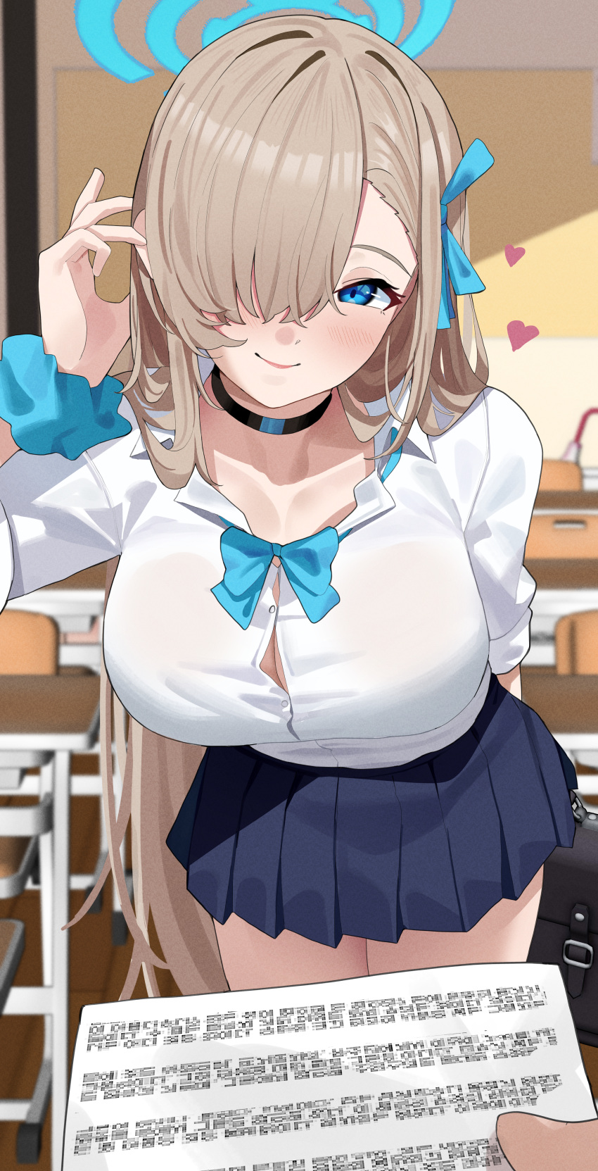 1girl 1other absurdres adjusting_hair arm_behind_back asuna_(blue_archive) black_choker blue_archive blue_bow blue_bowtie blue_eyes blue_halo blue_skirt blurry blurry_background blush bow bowtie breasts brown_hair button_gap chair choker classroom closed_mouth collarbone collared_shirt commentary desk haerge hair_over_one_eye halo heart highres large_breasts leaning_forward long_hair looking_at_viewer miniskirt pleated_skirt pov pov_hands school_chair school_desk school_uniform shirt skirt sleeves_rolled_up smile solo very_long_hair white_shirt wrist_cuffs